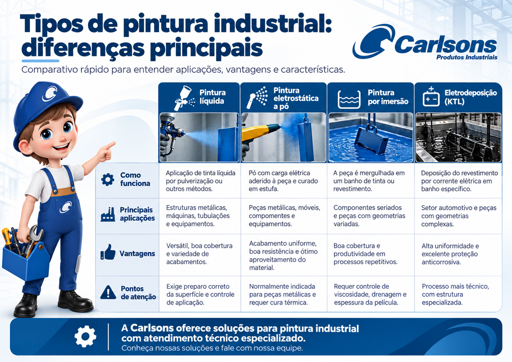 Tabela comparativa dos tipos de pintura industrial: líquida, eletrostática a pó, por imersão e eletrodeposição (KTL), destacando funcionamento, aplicações, vantagens e características de cada processo.